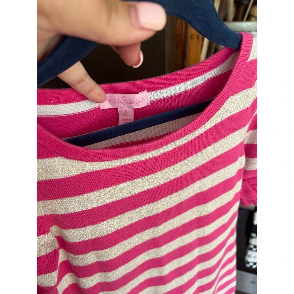 Lilly pultizer pink‎ gold stripe dress sweater size 4-5